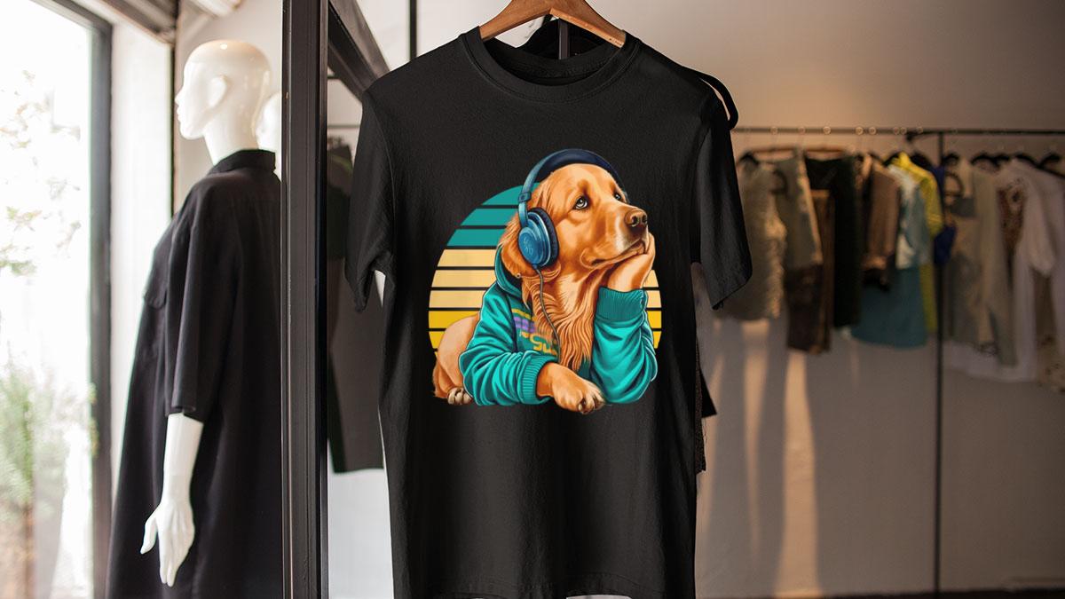 Golden Retrieve listening headphone vintage t-shirt