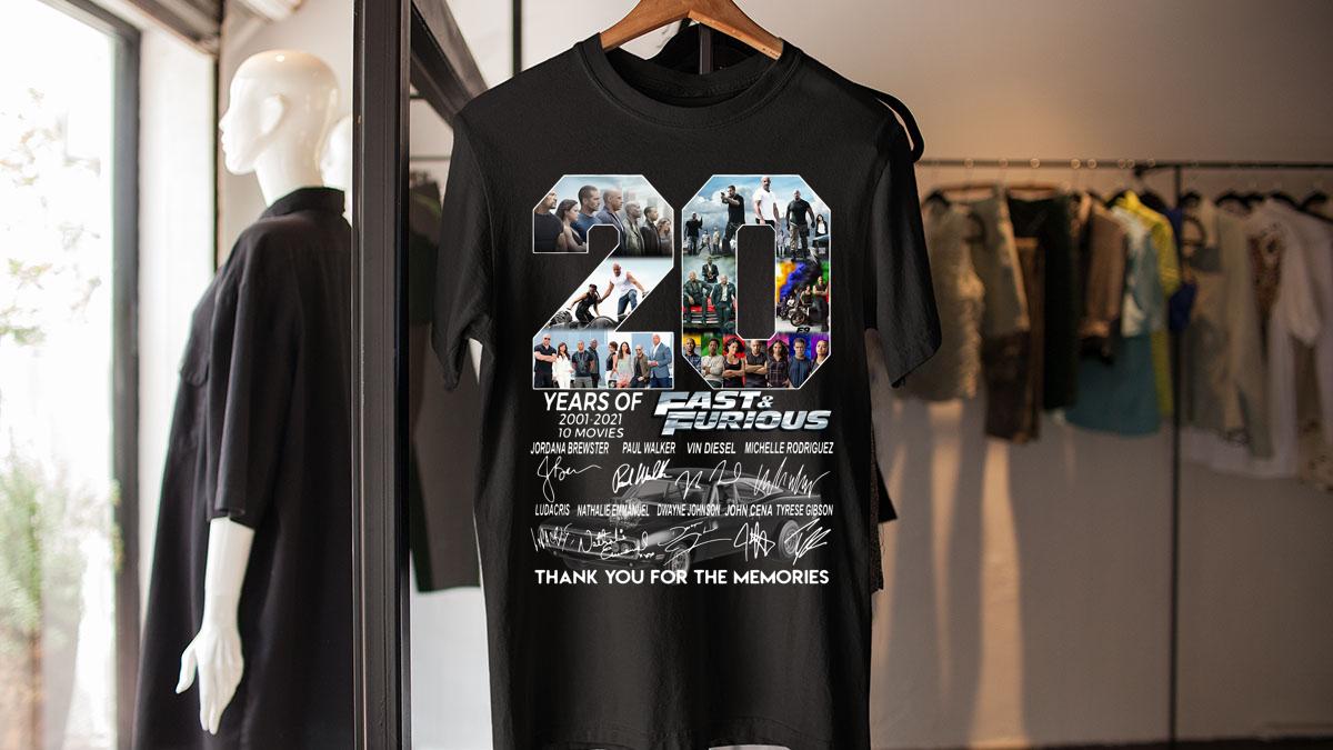 20 Years Of Fast and Furious 2001 2021 Signature Thank You For The Memories t-shirt