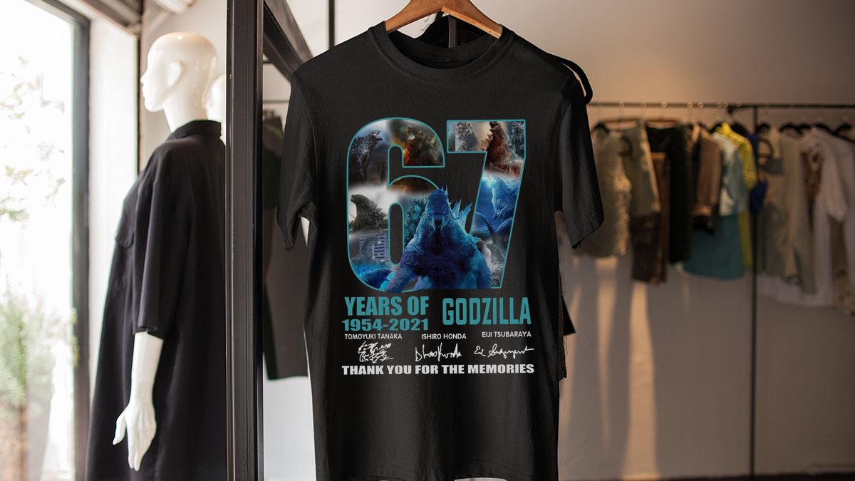 67 years of Godzilla 1954 2021 signatures thank you for the memories t-shirt