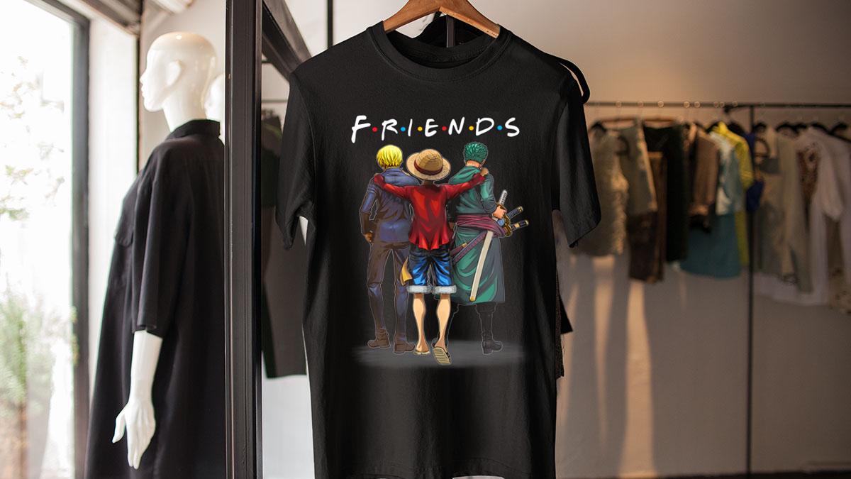 Friends anime One Piece characters Monkey D. Luffy Sanji Roronoa Zoro t-shirt