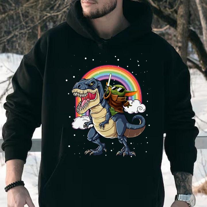 Star Wars Baby Yoda Riding Dinosaur T-rex Rainbow t-shirt