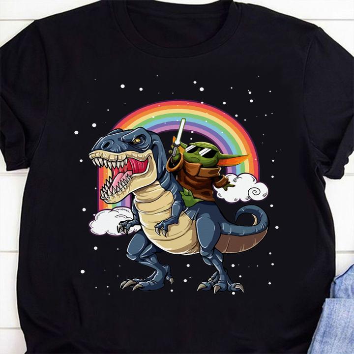 Star Wars Baby Yoda Riding Dinosaur T-rex Rainbow t-shirt 50 4thofjulyshirt News