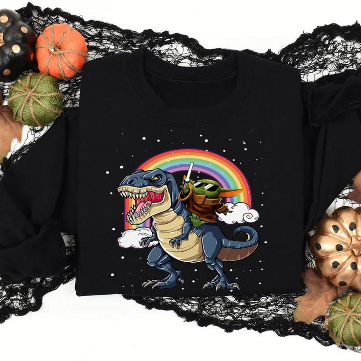 Star Wars Baby Yoda Riding Dinosaur T-rex Rainbow t-shirt