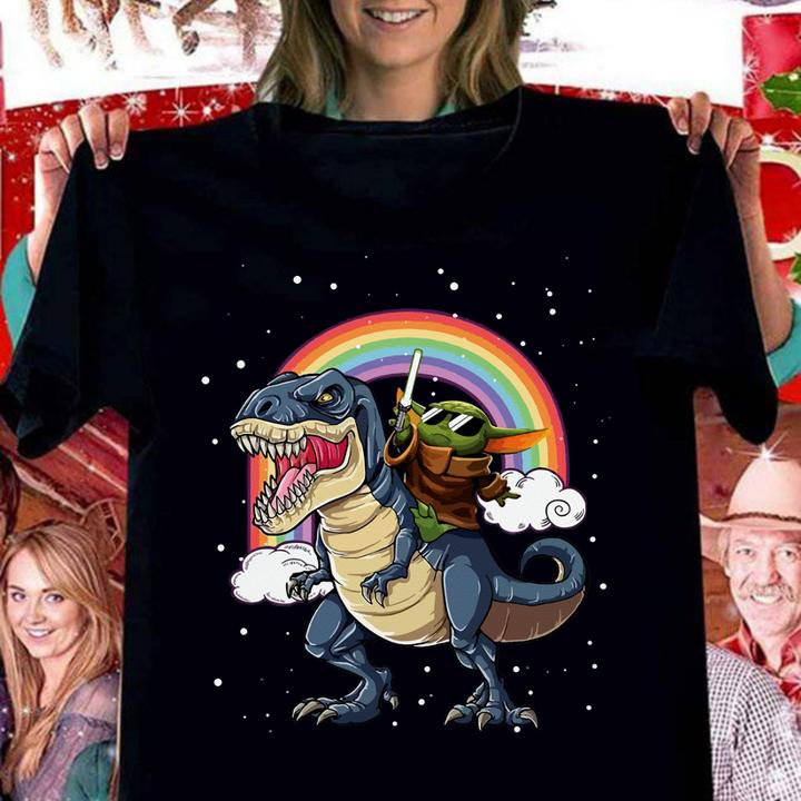 Star Wars Baby Yoda Riding Dinosaur T-rex Rainbow t-shirt