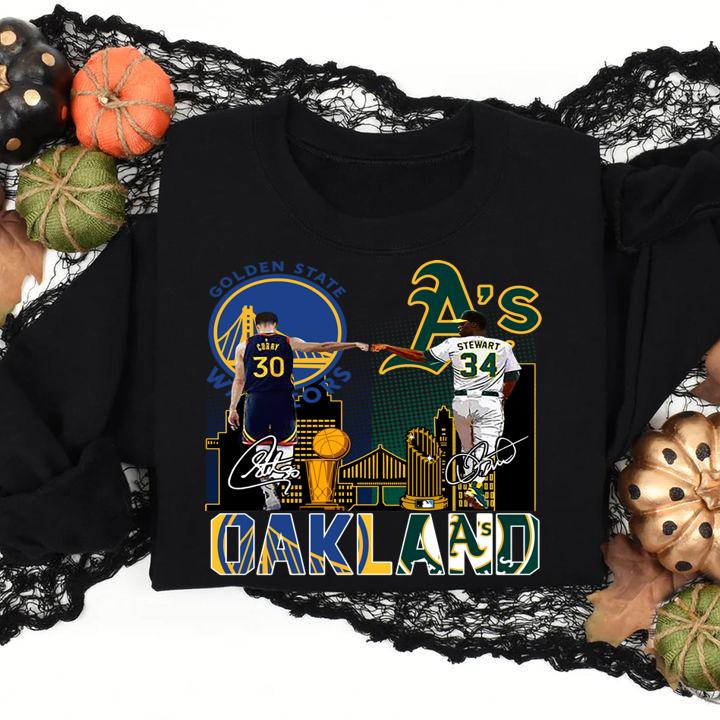 Oakland sports team Golden State Warriors and Oakland Athletics signatures-Recovered t-shirt