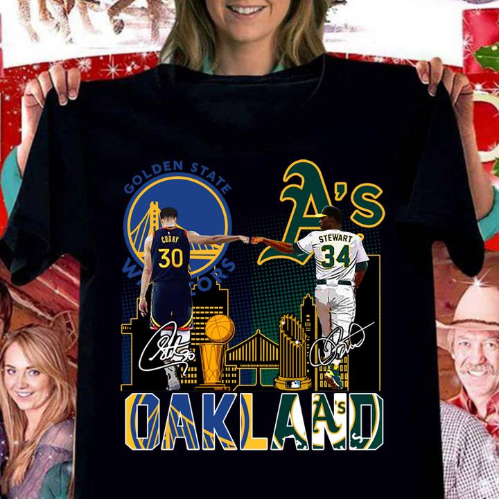 Oakland sports team Golden State Warriors and Oakland Athletics signatures-Recovered t-shirt