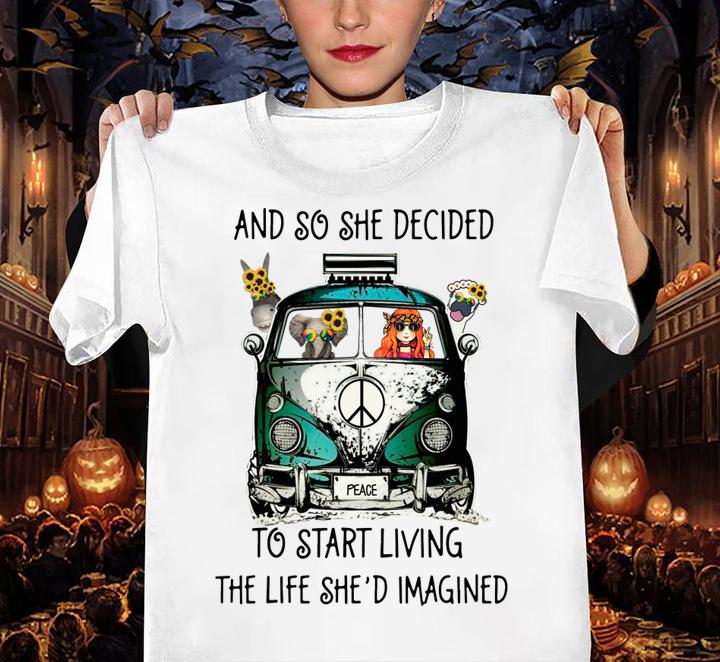 And So She Decided To Start Living The Life She Imagined Peace Hippie Bus Girl And Elephant t-shirt