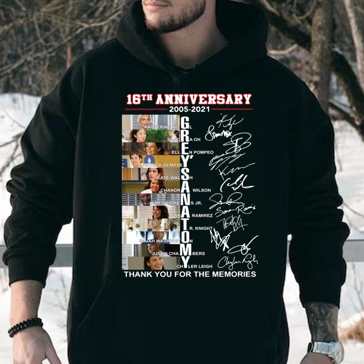 16th anniversary 2005-2021 Grey's Anatomy signatures thank you for the memories t-shirt