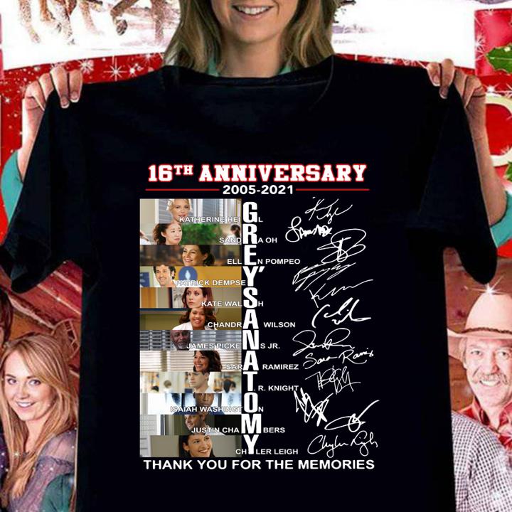 16th anniversary 2005-2021 Grey's Anatomy signatures thank you for the memories t-shirt