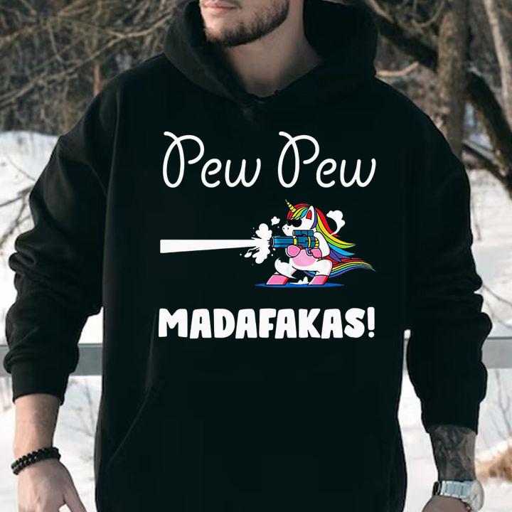 Pew Pew Madafakas Unicorn With Gun t-shirt