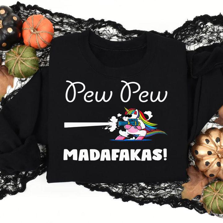Pew Pew Madafakas Unicorn With Gun t-shirt