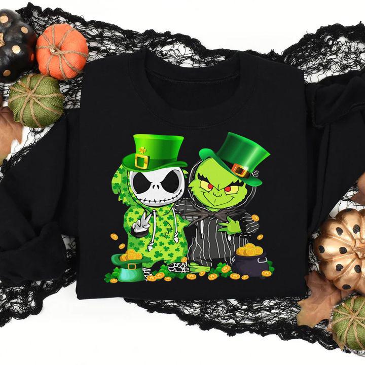 St Patrick's Day Baby Jack Skellington and Baby Grinch t-shirt