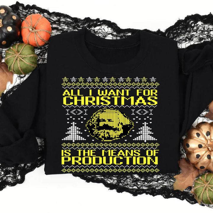 Hot Karl Marx all i want for christmas is the means of production ugly christmas t-shirt