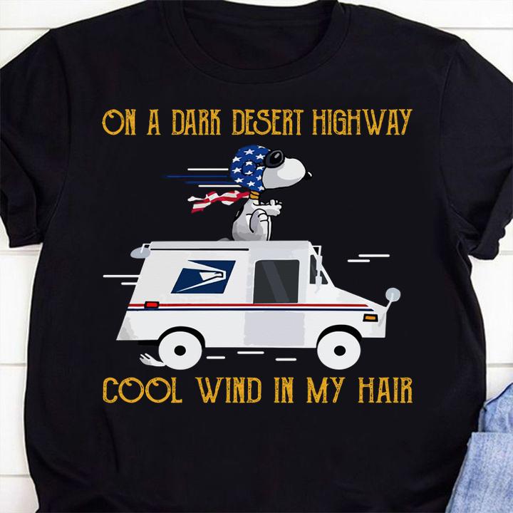 Snoopy usps logo United States Postal Service on a dark desert highway cool wind in my hair t-shirt 24 Clothing