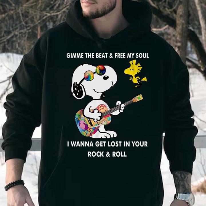Snoopy And Woodstock Gimme The Beat & Free My Soul I Wanna Get Lost In Your Rock and Roll t-shirt
