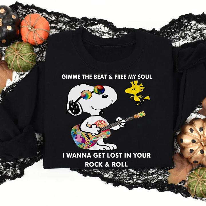Snoopy And Woodstock Gimme The Beat & Free My Soul I Wanna Get Lost In Your Rock and Roll t-shirt