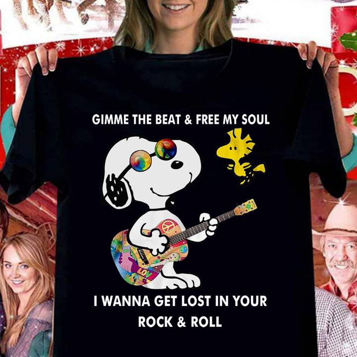 Snoopy And Woodstock Gimme The Beat & Free My Soul I Wanna Get Lost In Your Rock and Roll t-shirt