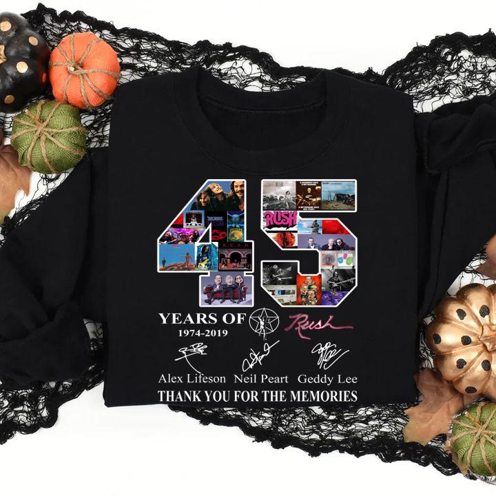 45 Years of Rush 1974-2019 signature thank you for the memories t-shirt