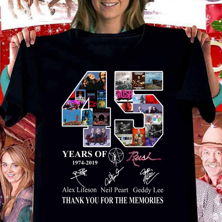45 Years of Rush 1974-2019 signature thank you for the memories t-shirt