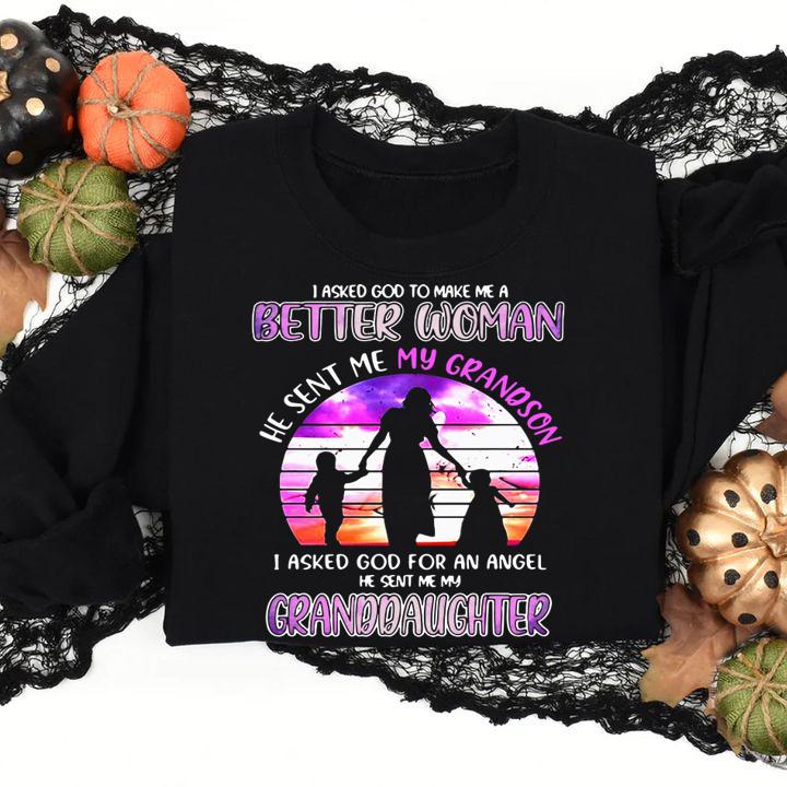 I asked god to make me a better woman he sent me my grandson mother day t-shirt