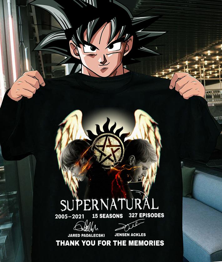 Supernatural 2005-2021 15 seasons 327 episodes signatures thank you for the memories12 t-shirt