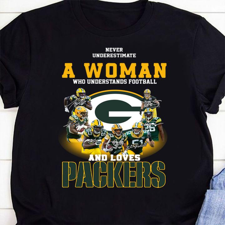 Never Underestimate A Woman Who Understands Football And Loves Green Bay Packers Signatures t-shirt 65 Clothing