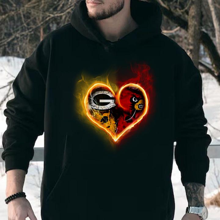 Heart Green Bay Packers and Louisville Cardinals t-shirt