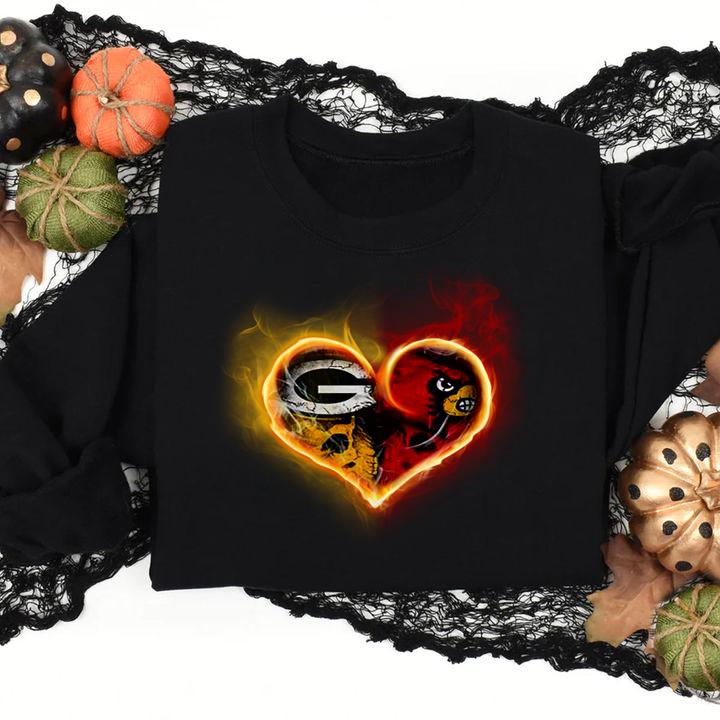 Heart Green Bay Packers and Louisville Cardinals t-shirt