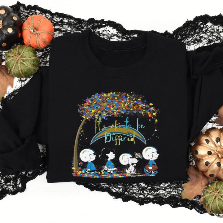 Los Angeles Chargers Peanuts Snoopy Autism Awareness its ok to be different t-shirt