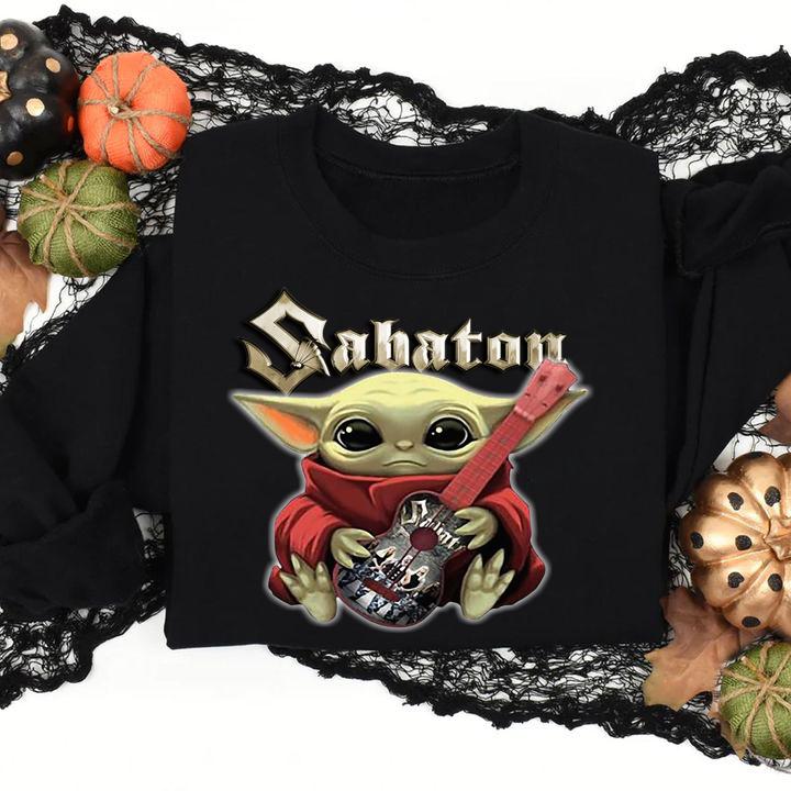 Star Wars baby Yoda hug Sabaton guitar t-shirt