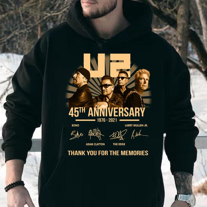 U2 Rock band 45th anniversary 1976-2021 signatures thank you for the memories t-shirt
