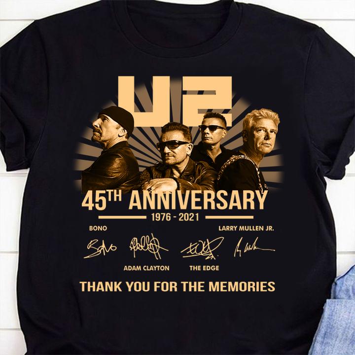 U2 Rock band 45th anniversary 1976-2021 signatures thank you for the memories t-shirt 1