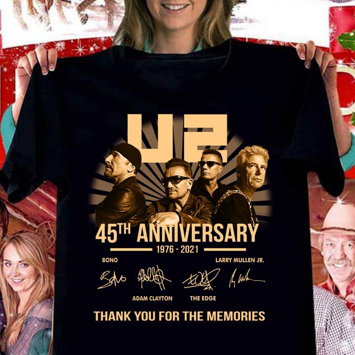 U2 Rock band 45th anniversary 1976-2021 signatures thank you for the memories t-shirt