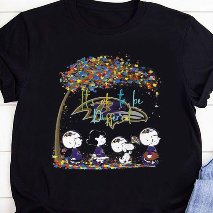 Baltimore Ravens Peanuts Snoopy Autism Awareness its ok to be different t-shirt 5