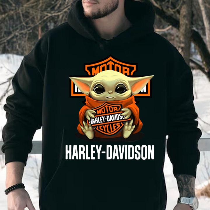 Baby Yoda hug Motor Harley Davidson Cycles logo t-shirt