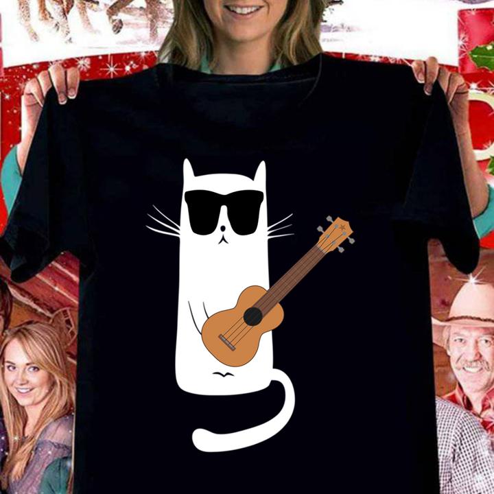 Cat Wearing Sunglasses Playing Ukulele. t-shirt
