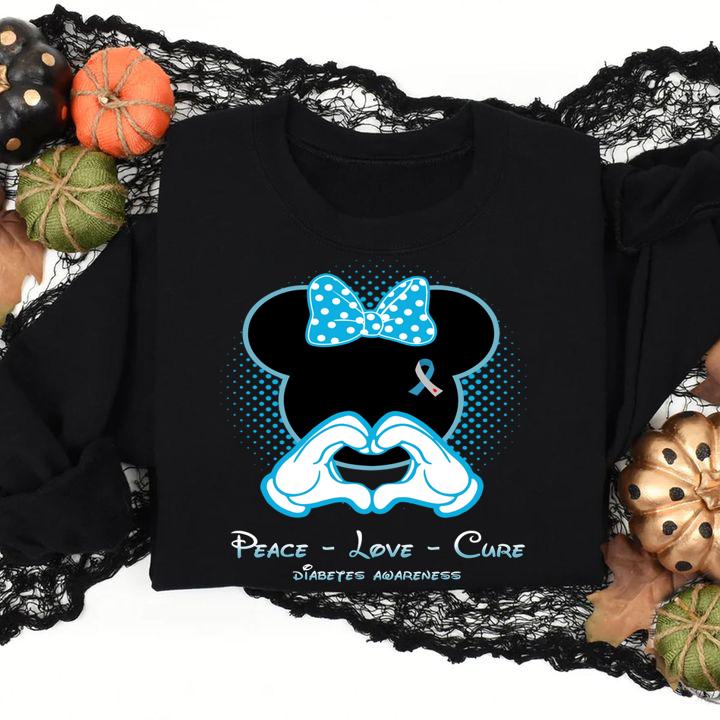 Mickey Mouse Heart Peace Love Cure Diabetes Awareness t-shirt