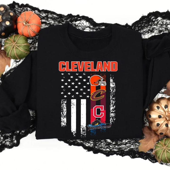 American Flag Cleveland Sports Teams Cleveland Browns Cleveland Cavaliers Cleveland Indians Cleveland Monsters t-shirt