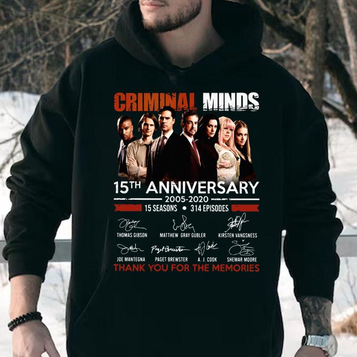 Criminal Minds 15th anniversary 2005-2020 15 seasons 314 episodes signatures thank you for the memories t-shirt