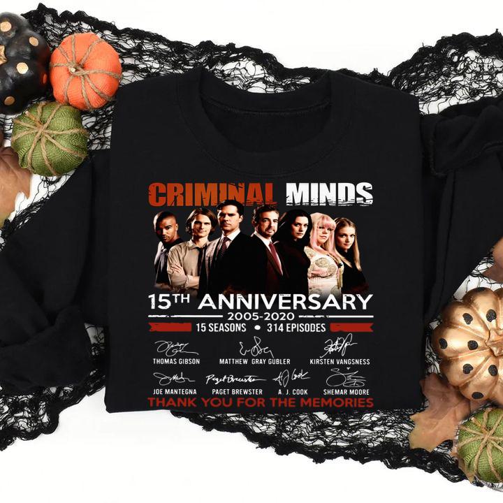 Criminal Minds 15th anniversary 2005-2020 15 seasons 314 episodes signatures thank you for the memories t-shirt