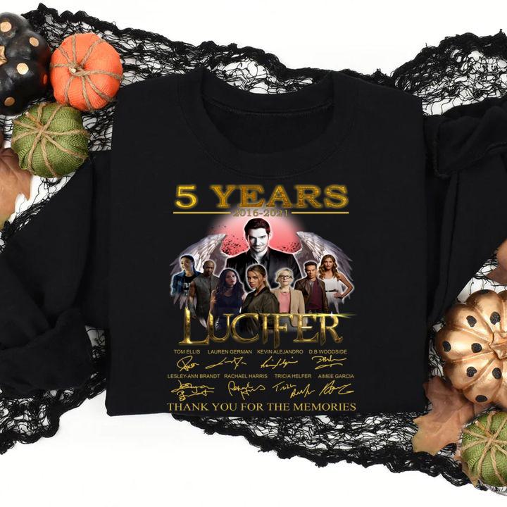 Lucifer 5 years 2016-2021 signatures thank you for the memories t-shirt