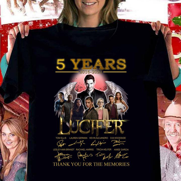 Lucifer 5 years 2016-2021 signatures thank you for the memories t-shirt