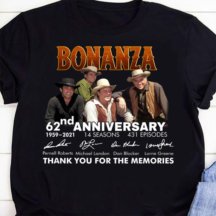 Bonanza 62nd Anniversary 1959 2021 14 Seasons 431 Episodes Thank You For The Memories Signature Guitar t-shirt 1 Clothing, Nursedaytee News