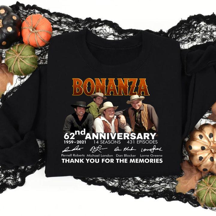 Bonanza 62nd Anniversary 1959 2021 14 Seasons 431 Episodes Thank You For The Memories Signature Guitar t-shirt