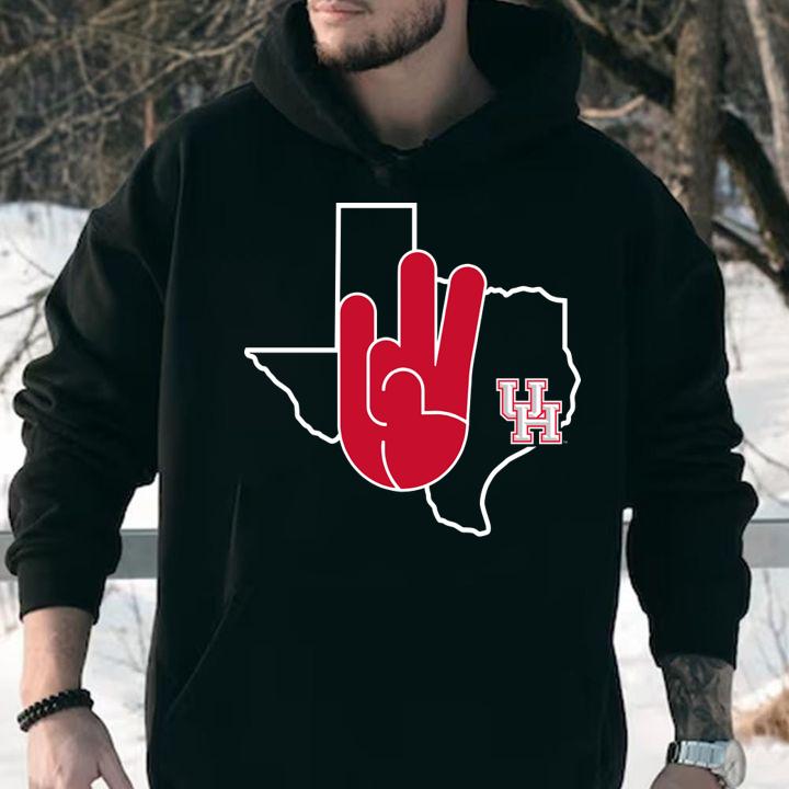 Houston Cougars U Of H Hand Sign In State Outline University Of Houston t-shirt