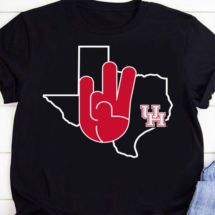 Houston Cougars U Of H Hand Sign In State Outline University Of Houston t-shirt 1