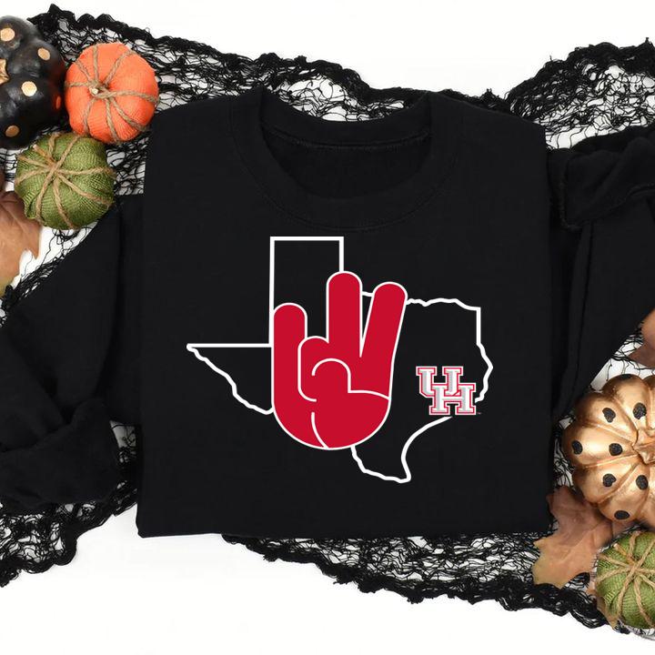 Houston Cougars U Of H Hand Sign In State Outline University Of Houston t-shirt