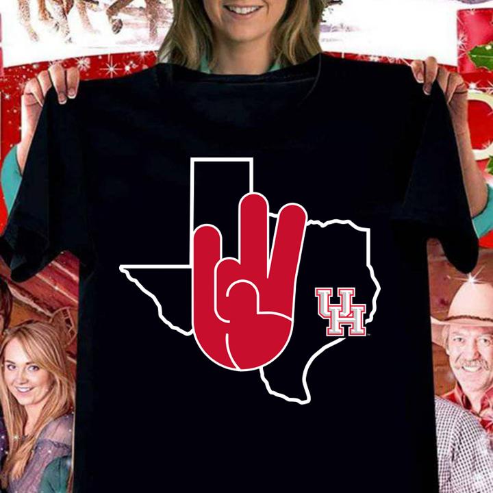 Houston Cougars U Of H Hand Sign In State Outline University Of Houston t-shirt