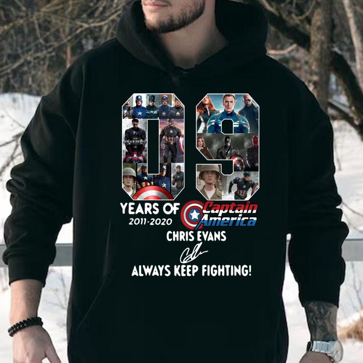 09 years of 2011-2020 Captain America Chris Evans signature always keep fighting t-shirt