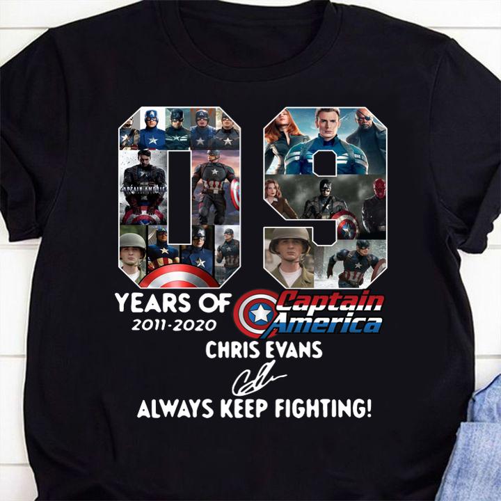09 years of 2011-2020 Captain America Chris Evans signature always keep fighting t-shirt 1